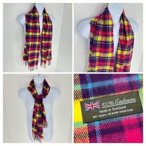 100% Cashmere Tartan Scarf Made in Scotland Vintage Plaid Fringe Warm 12 x 62